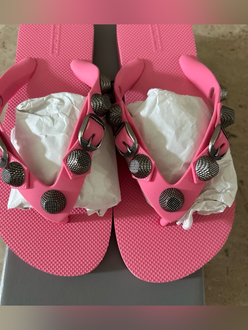 Balenciaga Pink Studded Rubber Thong Sandals